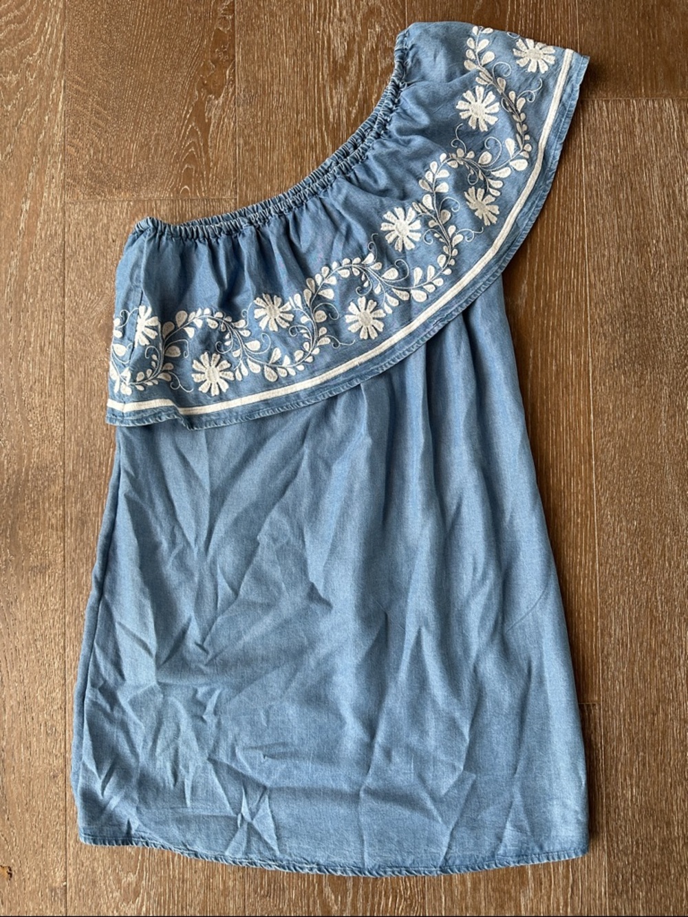 Rebecca Minkoff Blue Off-Shoulder Mini Dress with White Floral Embroidery